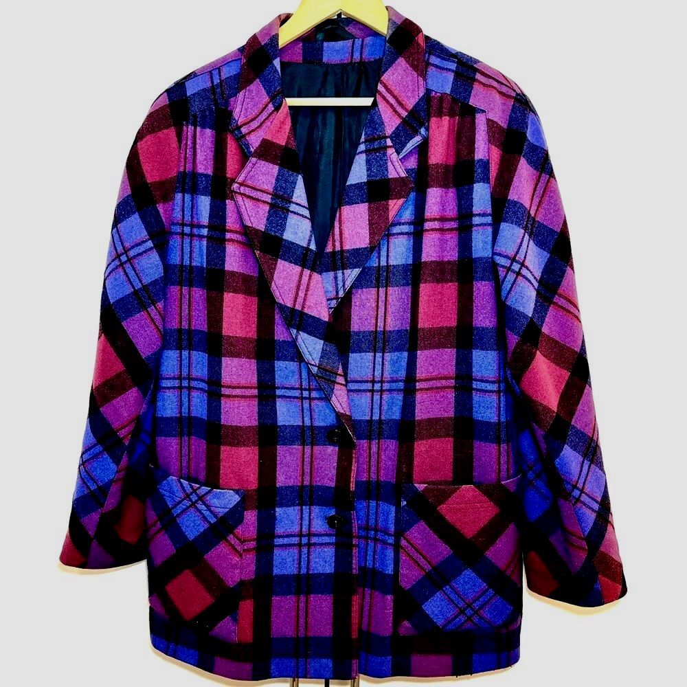 Vtg 90s FAST Worlds Apart 100% Wool Plaid Blazer Oversized Pink Purple Blue L/XL